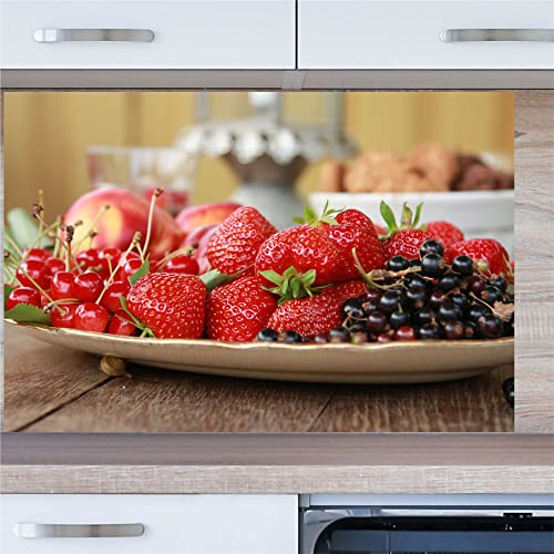 INDIGOS UG Küchenrückwand - Erdbeeren - 80x50 cm ESG Echtglas Bedruckt - mit Bild - Motiv - Küche - Rückwand - Glasplatte - Spritzschutz - Herd - Ofen