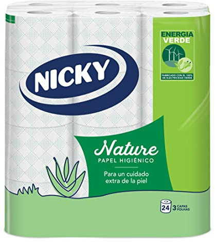 Nicky Nature Papel Higiénico - Paquete de 24 Rollos, 170 Hojas de 3 Capas, Enriquecido con Loción de Aloe Vera, Cómodo y Suave con la Piel