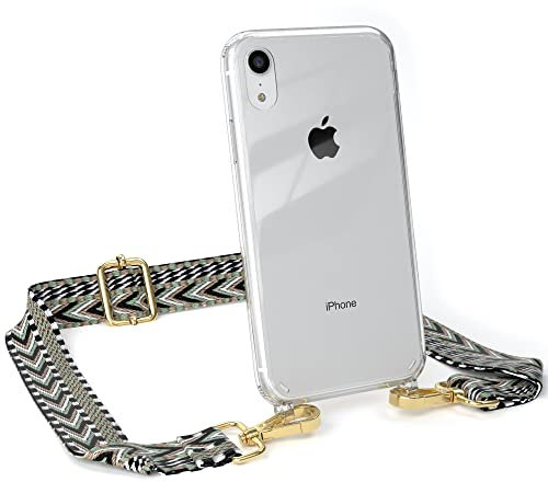 EAZY CASE Handykette - Verstellbarer Trageriemen kompatibel mit iPhone XR, Schulterriemen, schmales Band, Handykordel, Riemen für Handyketten, Grün/Schwarz - Metall Gold
