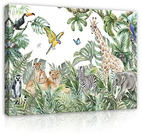 WallArena - Leinwand Bilder - Kinderzimmer Tiere Dschungel Wald Kinder - 60x40 cm Leinwandbilder - Bild auf leinwand - Wandbild XXL groß Wandbilder für Wohnzimmer Schlafzimmer Wohnzimmerbilder Modern