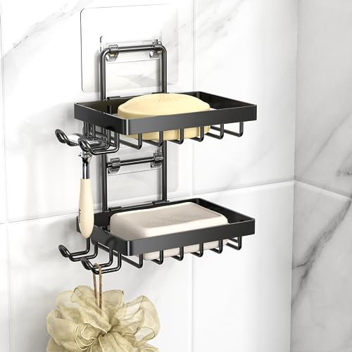 Moforoco Double Soap Bar Holder for Shower, No Drilling, 304 Rustproof Stainless Steel, Wall Mounted Soap Holder with 4 Hooks and Razor Holder, Shower Rack Soap Tray Bar Soap for Bathroom & Kitchen