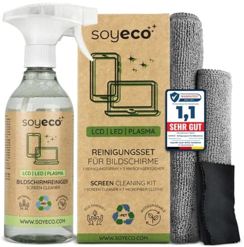 500 ml di Spray per la pulizia dello schermo + 3 panni in microfibra | Fluido per la pulizia | Per smartphone, laptop, tablet, TV, LCD/TFT, LED, OLED, monitor, orologi | Senza sbavature