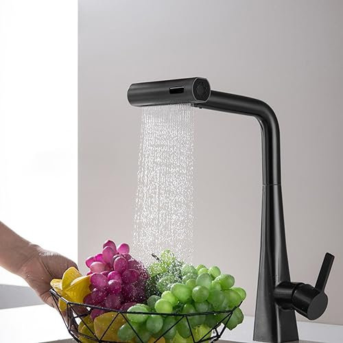 Wasserfall Küchenhahn, Kitchen Faucet, Edelstahl Waschbecken Wasserhahn Küche, 360° Drehung, Hochdruck Küchenarmatur, 3-Funktion Spültischarmatur Küche, Küchenarmatur für Küche Spülbecke (Schwarz)