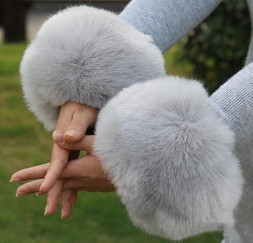 SYSUII Pulswärmer Fell Manschetten,Damen weiche Kunstpelz Handgelenk Band Fell Manschetten Handschuhe Pelz Armstulpen Kunstfell Fellstulpen Plüsch Faux Pelzmanschetten Pelz Armstulpen für Frauen-Grau