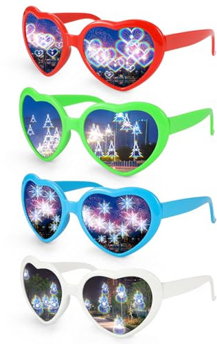Hifot Herz Brille Effekt für Weihnachten 4 Stücke, Herz Sonnenbrille Weihnacht Partybrille, Lustige Brillen Party Brille für Herren Damen, Xmas EDM Feuerwerk Show Karneval Party Deko