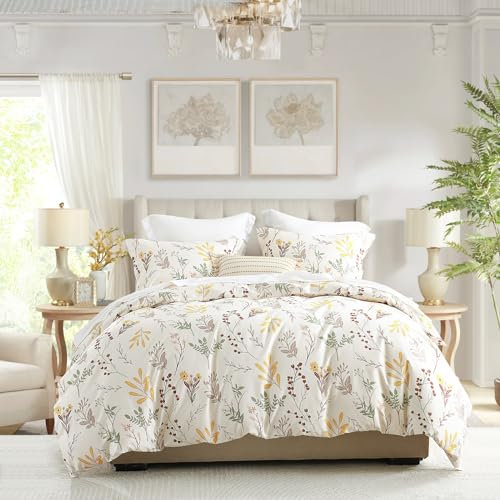 EWlinens Bettwäsche-Set im Vintage-Stil, Gartenlaub, Kingsize-Bett, Baumwolle, schickes Blumenmuster, gelber Bettbezug mit Reißverschluss, 3-teiliges ästhetisches Bettwäsche-Set, 1 Bettbezug 228,6 x