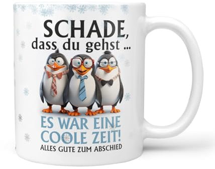 Keramiktasse Kaffeetasse | Pinguin | Schade dass du gehst coole Zeit | Tasse mit Spruch | Geschenk zum Abschiedsgeschenk | Kollege | Keramik 330ml (Schade dass du gehst weiss)