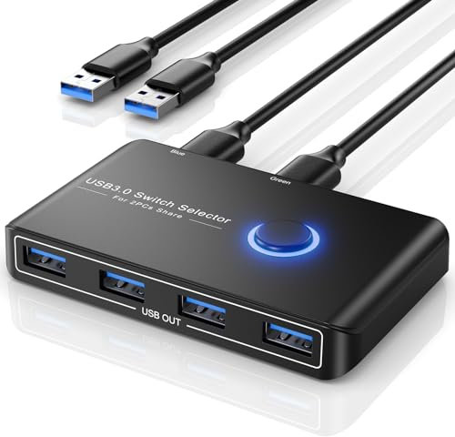 Switch USB 3.0, Commutatore USB Switch per 2 PC, 2 in 4 out USB Switch per Mouse, Tastiera, Scanner, Stampante, Chiavetta, Hard Drive, 2 Cavi USB 3.0 in Dotazione