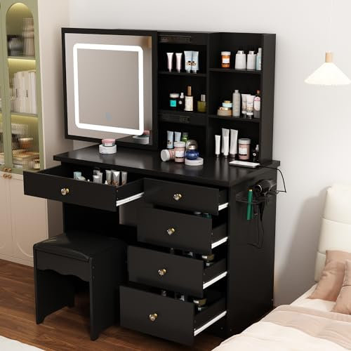 PREMTURE Schwarze Schminktisch mit Beleuchtung,Schminktische mit Spiegel und Hocker, Kosmetiktisch mit Regale und Halterungen, Frisiertisch mit 5 Schubladen, Friserkommode, 100 x 136 x 50 cm