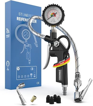 Reifenfüller mit Manometer [inkl. Adapter & Ersatzkappen] – Reifendruckfüller für Werkstatt, Auto und Fahrrad – Reifenfüller mit Schlauch und Luftdruckprüfer für Kompressor