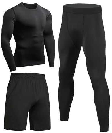 Niksa Sportbekleidung Herren Fitness Bekleidung Trainingsanzug 3pcs Set Fit elastische Sportwear Fitness Kompressionsshirt Langarmshirt Sporthose Leggings, Schwarz, L