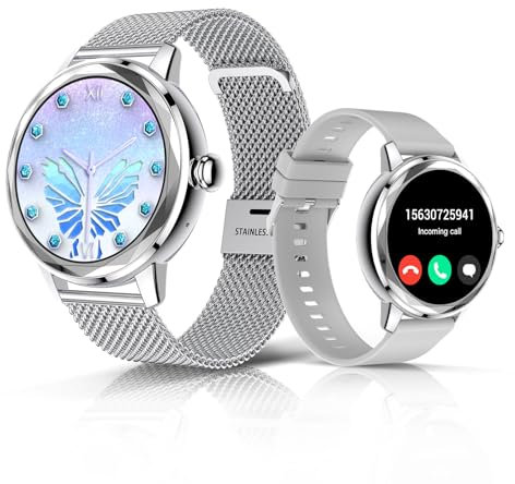 LES FLEURS Smart Watch for Women, 1.57'' Fitness Tracker Watch with Bluetooth for Android iOS Phones, Smartwatch with Heart Rate Sleep Oxygen Monitor, IP67 Waterproof, 123+ Sprots Modes, Silver