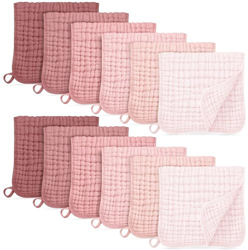 Unnivoll Spucktücher Baby Mulltücher 12er Musselintücher 50x27cm 100% Baumwolle mullwindeln, 6 Lagig Saugstark Stoffwindeln, für Jungen und Mädchen Weich Atmungsaktiv Rosa
