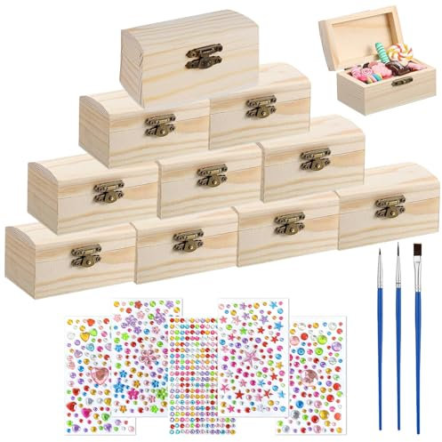 Yudobliss Holzkiste Klein, Satz von 10 Schmuckkästchen aus Holz, Kleine Holzkiste Bemalen, Mini Schatzkiste, Bastel Set, mit Aufklebern und Pinseln, für Geburtstagsfeiern und zum Heimwerken