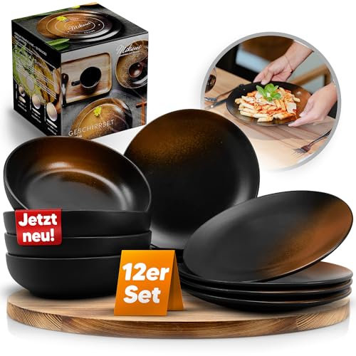 Mikawi 12-teiliges Geschirr-Set aus Steinzeug – Prairie Linie-edles Design im braun/schwarz Farbton, Service bestehend aus 4 Speisetellern, 4 Desserttellern und 4 tiefen Tellern/Premium Kollektion