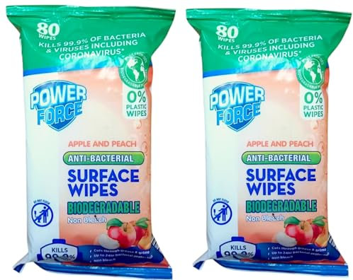 2x POWER FORCE | Anti-bacterial Surface Wipes - Apple & Peach - 80 Wipes | Biodegradeable | Non Bleach [Two Pack] [Limited Edition]