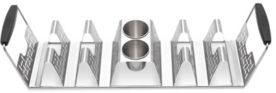Weber Premium Taco-Halter | Aus Edelstahl mit Silikon-Tragegriffen, 2 integrierte Saucenbecher, Fasst bis zu 6 Tacos, Spülmaschinenfest, 11 x 46 x 12 cm