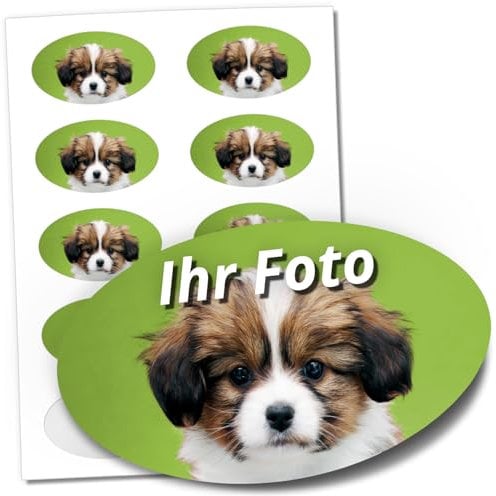 20 Aufkleber mit eigenem Foto PERSONALISIERT oval Etiketten ca. 8x5cm für individuelle Fotos Hochzeit Baby Geburtstag Schule Gastgeschenke Flaschen Logo
