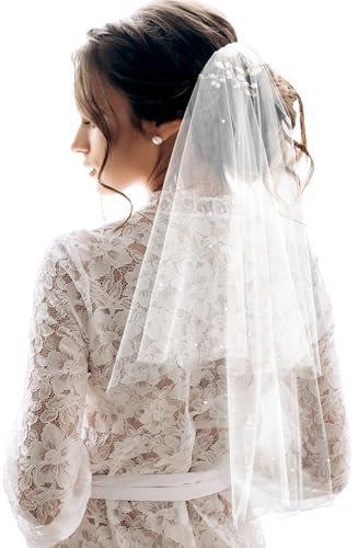 CIATBYYJ Doppelschicht Brautschleier,Schleier Kurz Bridal Tüll mit Kamm,Schleier Braut mit Perlen,Einsteckkamm Brautschleier für Hochzeit Damen Mädchen Party Haarschmuck