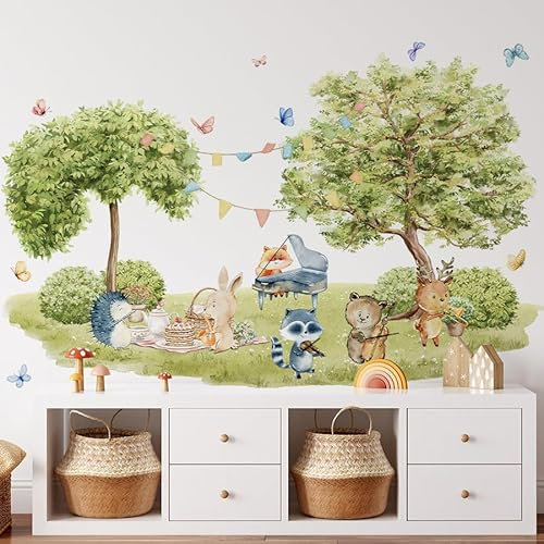 Fufuquare Märchenstil Tier Baum Wandtattoo Grüne Natur Camping Schub- und Aufklebe Wandaufkleber für Kinderzimmer Kinder Betreuungszimmer Klassenzimmer