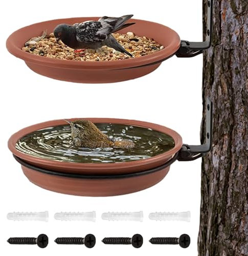 2 pieces bird feeders and bird baths, bird baths for the garden, bird bath for balcony railing, bird feeder balcony railing round with wall bracket, attracting wild birds, 17.24 cm, brown1