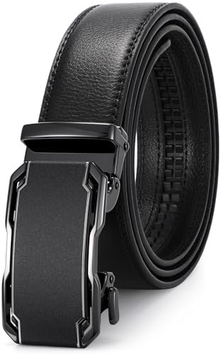 WHIPPY Automatik Gürtel Herren Leder Ratsche Ledergürtel Gürtel ohne Löcher, Breit 35mm Schwarz Unregelmäßige Schnalle 115cm