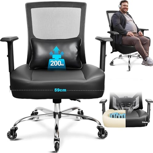 MELOKEA Bürostuhl 200KG XXL, Extrabreites & Extra Dickes Sitzkissen mit Federkern, Gummirollen, Verstellbare Lendenwirbelstütze, Stufenlose Neigungsverriegelung, Gaming & Büro [Lendenkissen Inklusive]