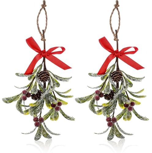 BUKYCAT 2 Piezas Muérdago Artificial Navidad, Muérdago Colgante, Ramitas de Muérdago Artificial para Colgar, Decoración Artificial para Puerta de Navidad