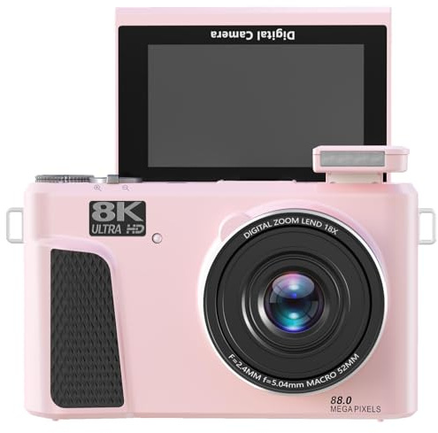 Sxhlseller 8K Digitalkamera für die Fotografie, 88MP WiFi Videokamera für YouTube, 18x Zoom Autofokus WLAN Reisekameras mit 3 Zoll Flip Bildschirm und Mehrere Filter Füllen Licht für Live (PINK)