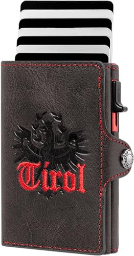 Hoamatkult Tirol Smart Wallet – Echtleder Trifold Geldtasche mit Pop-Up Kartenfunktion, RFID Schutz, Tirol Adler Prägung, Vintage Design, handgefertigt, inkl. Geschenkbox – Schwarz