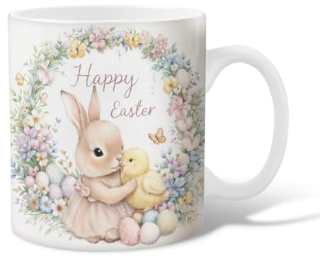 Tasse à café en céramique motif lapin, fleurs de poussin fantaisie, de Pâques, jaune pastel, tasse à thé fantaisie avec poignée, cadeau pour amitié, famille, collègue, personnel, chéri, enseignants