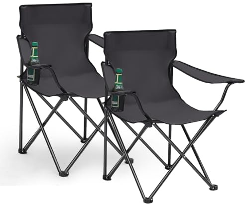 Sunula 2er Set Klappstuhl Outdoor mit Getränkehalter & Tragetasche, Leichtgewicht Anglersessel Klappbar, Robuster Campingstuhl Gartenstuhl Relaxsessel, Ideal für Angeln Camping Picknick Dunkelgrau