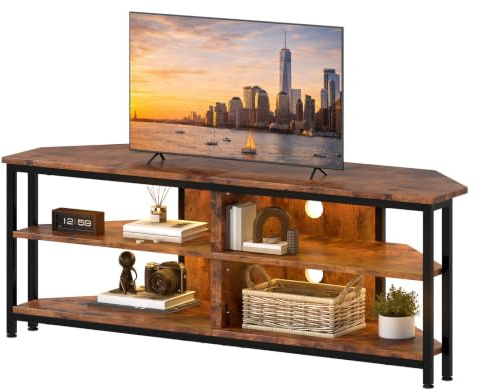 Levede Industrial TV Stand, Corner TV Cabinet for up to 55 Inch TVs with Remote Control RGB Lights, 65KG Load, Open Gaming Shelves & Cable Management, 120cm Vintage TV Unit for Living Room