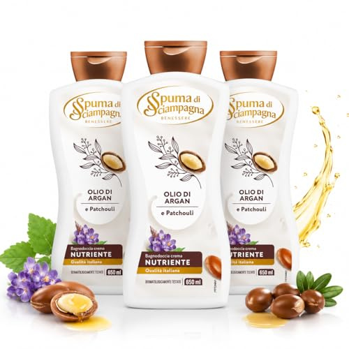 Spuma di Sciampagna Bagnodoccia Crema con Olio di Argan e Patchouli, 3 Flaconi da 650 ml, Nutriente, PH Neutro, Ingredienti di Origine Naturale
