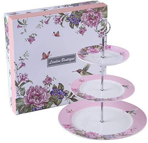London Boutique Pastel, Rosa, Tarde de 3 Niveles, Soporte para Tartas Vintage, pájaro, Mariposa, Nuevo Plato de Servir de Porcelana para Fiesta, Regalo de té Alto, 10.7 Inches