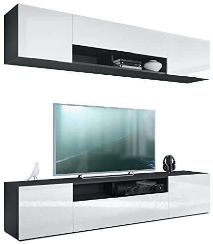 Vladon Wohnwand Mogan, Schwarz matt/Weiß Hochglanz - Moderne Anbauwand bestehend aus 2 TV-Boards (181 x 147 x 35 cm)
