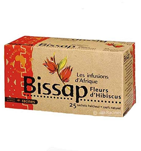 Racines Infusions Bissap 100% Naturel - Lot de 2 boîtes de 25 sachets de 1,6g + sticker - Fleurs d'Hibiscus - Taille : 14 x 15 x 8 cm