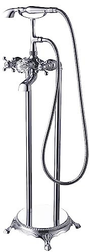 ONDÉE, Mélangeur pour baignoire îlot GETTO, Design rétro. H100cm, Pied 20cm de diamètre, Laiton chromé, Bouton inverseur de fonction imitation cristal, Pomme de douche en laiton chromé