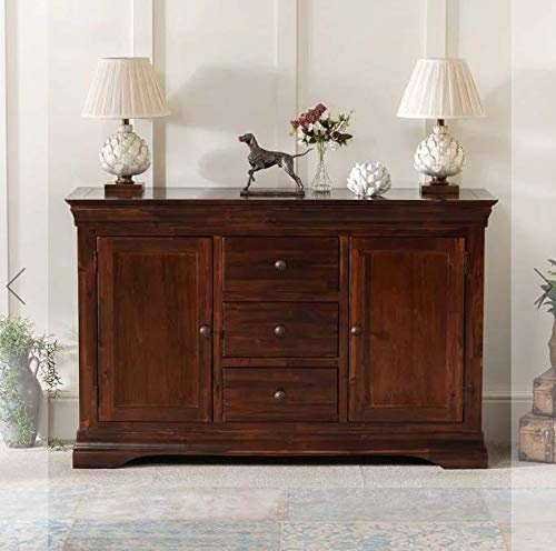 French Hardwood Mahogany Stained 2 Door 3 Drawer Large Sideboard – Solid Acacia Wood, Dovetail Joints, Timeless Design, Durable Satin Lacquer Finish - H 870mm x W 1370mm x D 440mm
