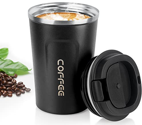 MOMSIV Thermobecher, 380ml Edelstahl Kaffeebecher mit Auslaufsicherem Deckel, Isolierbecher Vakuum auslaufsicher Reisebecher, doppelwandig isoliert Autobecher für Kaffee, Tee und Wasser, Schwarz