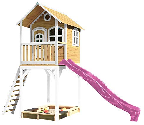 AXI Spielhaus Romy mit Sandkasten & lila Rutsche | Stelzenhaus in Braun & Weiß aus FSC Holz für Kinder | Spielturm für den Garten.