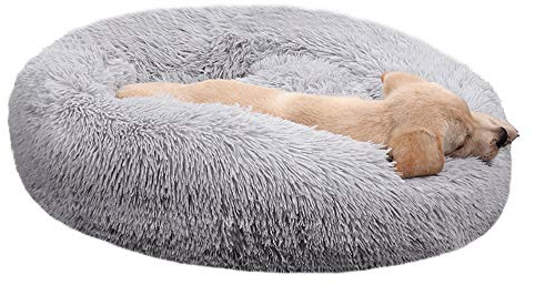 BODISEINT Faux Fur Dog Bed, Cat Bed - Round Anti-Anxiety Pet Calming Doughnut Cuddler for Medium Large Puppy Dog Cat - 28'' D x 8 H, Light Grey