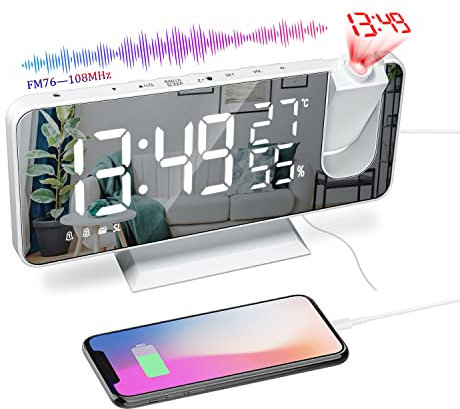 Radio Despertador Proyector, Reloj Despertador Digital con Puerto USB, Pantalla de Espejo LED de 7, 180° Rotativo Despertador Proyector Humedad Temperatura Interior con 2 Relojes Despertadores (B)