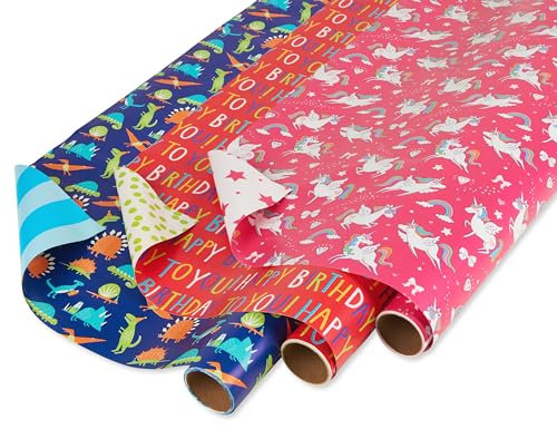 American Greetings Wendbares Geschenkpapier für Kinder, Dinosaurier und Einhörner (3 Rollen, 120 m²)
