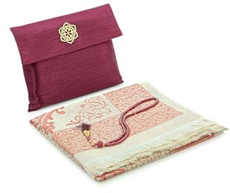 ihvan online Muslimischer Gebetsteppich und Perlen Mit Eleganter Tragbar Stoff Tasche, Janamaz, Sajjadah, Weiche Islamischen Gebetsteppich, Islamische Geschenke, Gebet Teppich Matte Taft Stoff Burgund