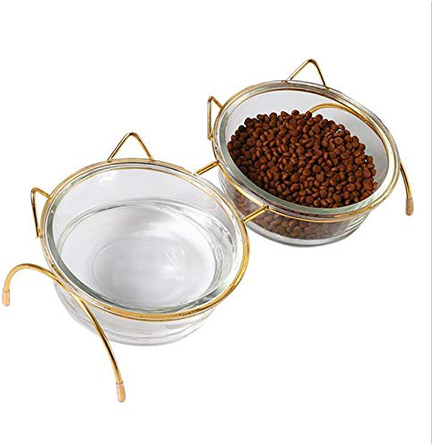 æ— Lot de 2 gamelles surélevées en verre transparent pour chat ou chien - Pour protéger les articulations du cou - Avec support doré