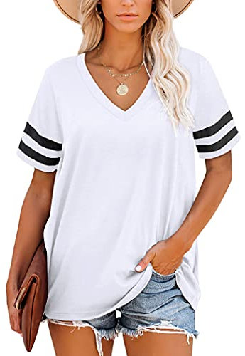 MOLERANI Damen Tops Kurzarm V-Ausschnitt Gestreifte Sommer T Shirts Casual Loose Tee Weiß L
