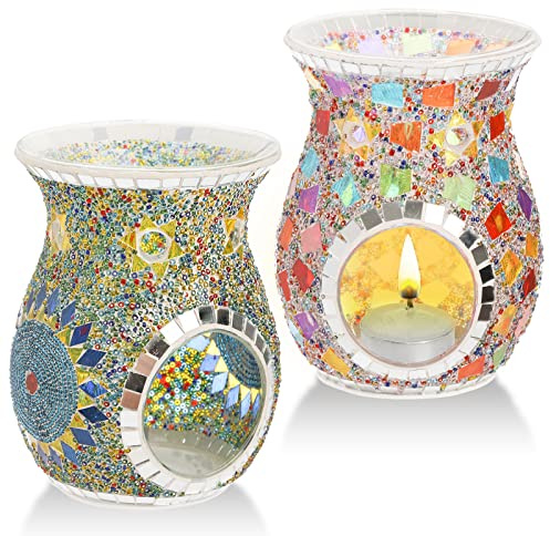 Lyellfe 2 Pack Essential Oil Burner, Fragrance Oil Warmer, Decorative Tealight Candle Holder, Incense Aromatherapy Oil Diffuser, Scented Wax Warmer for Gift Home Table Decor, Mosaic Glass