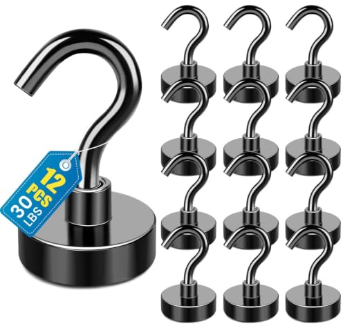 LOVIMAG Black Magnetic Hooks, 30Lbs Strong Magnetic Hooks Heavy Duty with Epoxy Coating for Refrigerator, Magnetic Cruise Hooks for Hanging, Classroom, Office, and Kitchen - Pack of 12