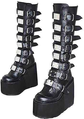 HOTRA Piattaforma Gotica Stivali al Ginocchio da Donna Fibbie Borchiate Tacco Alto Grosso Stivali da Combattimento a metà Polpaccio Cerniera Punta Rotonda Scarpe Punk (Color : Nero, Size : 41 EU)